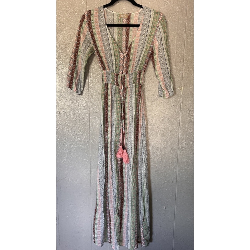 Women's Multicolor 3/4 Sleeve Button Down Tassel Maxi Bohemian Dress Size S
